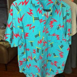 Vintage 90s Teal Blue/Radical Surf Button-Up Shirt, 80s 90s Style, Men's XL